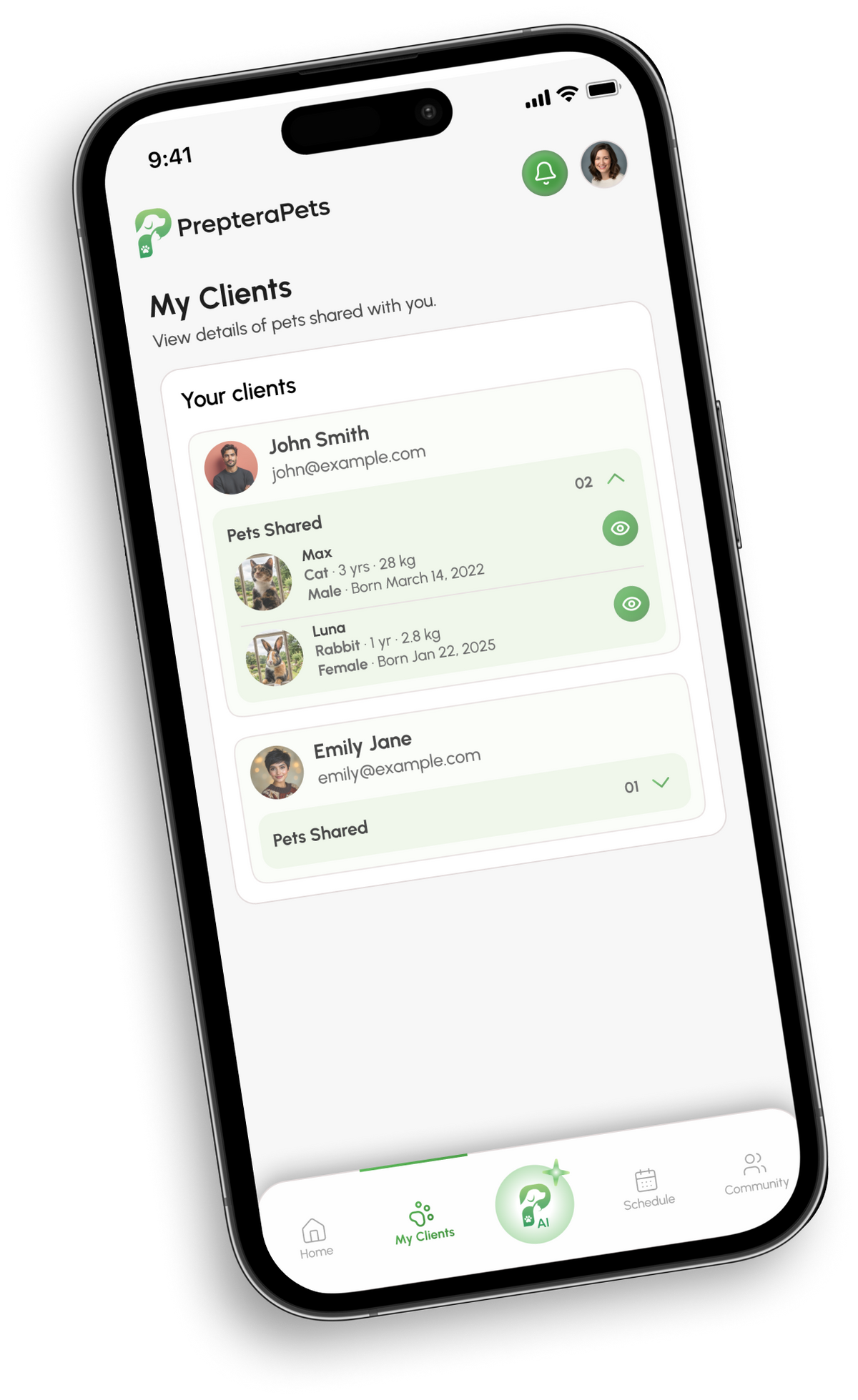 PrepteraPets trainer app screens