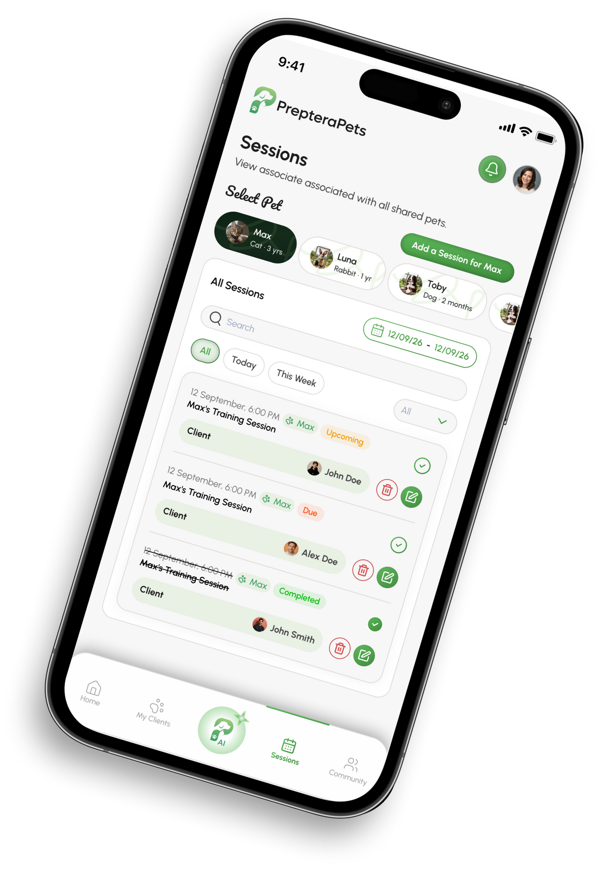 PrepteraPets trainer app screens