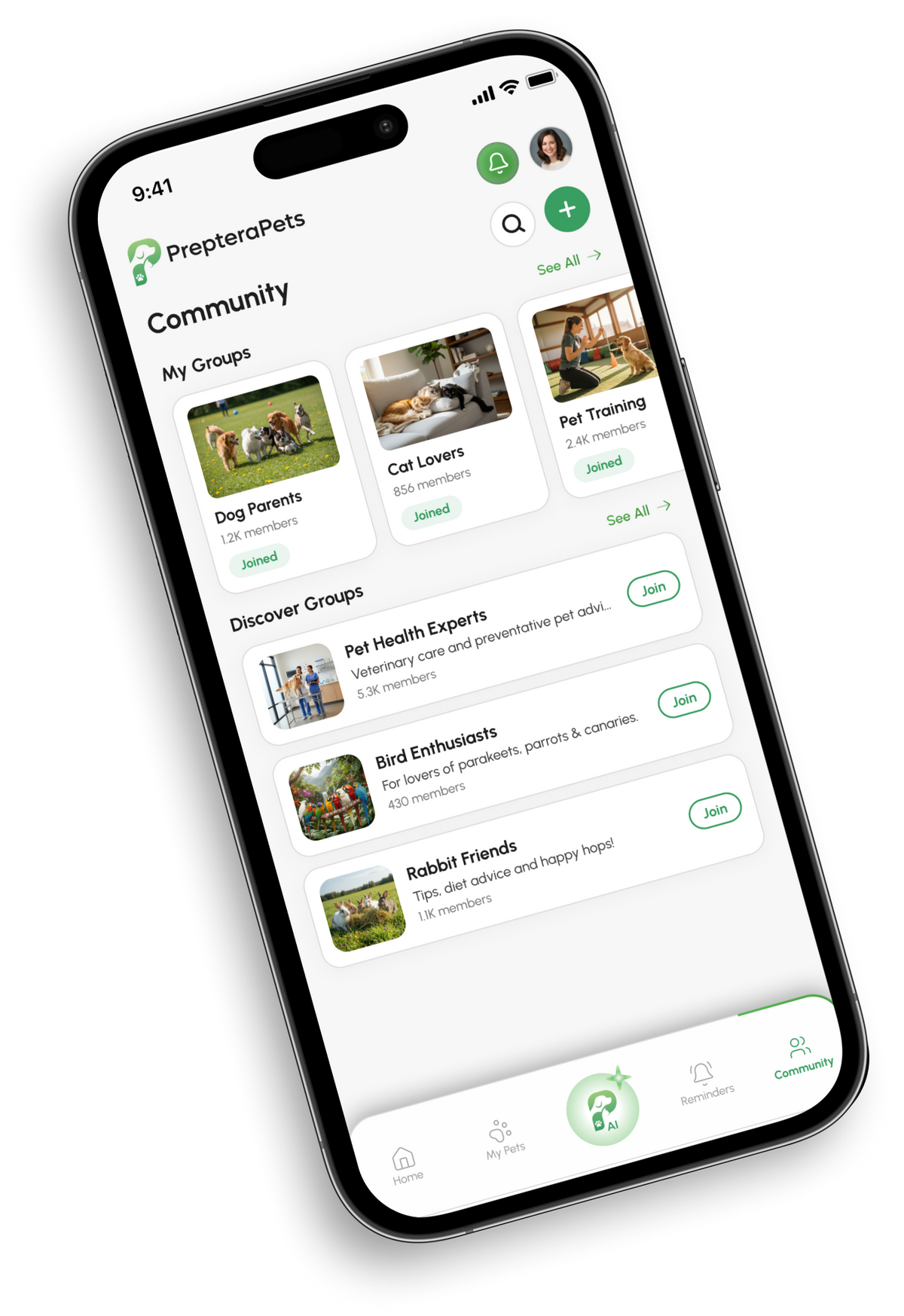 PrepteraPets community app screens