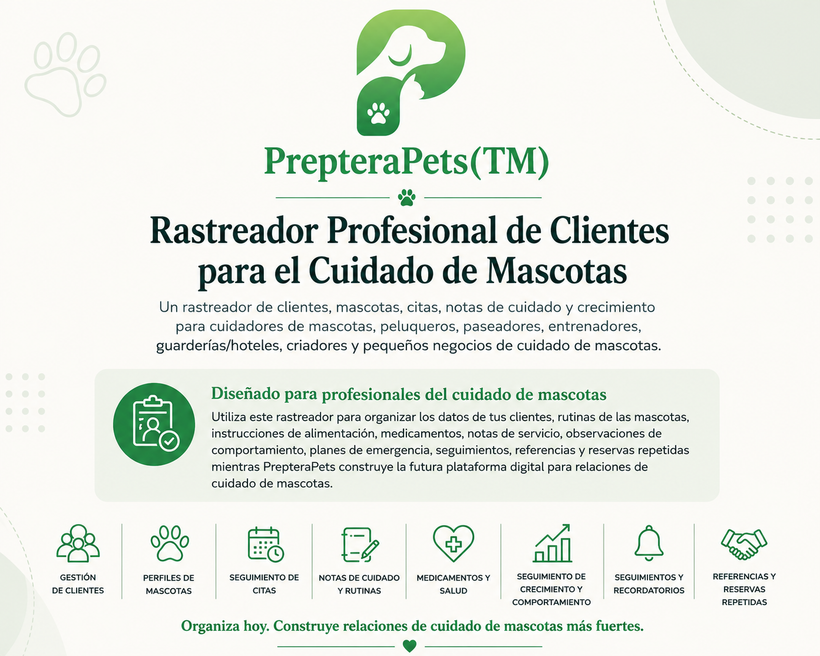 Rastreador de clientes para el cuidado profesional de mascotas PrepteraPets™