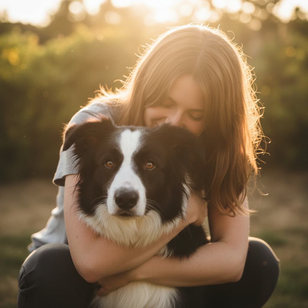 Person hugging a happy border collie