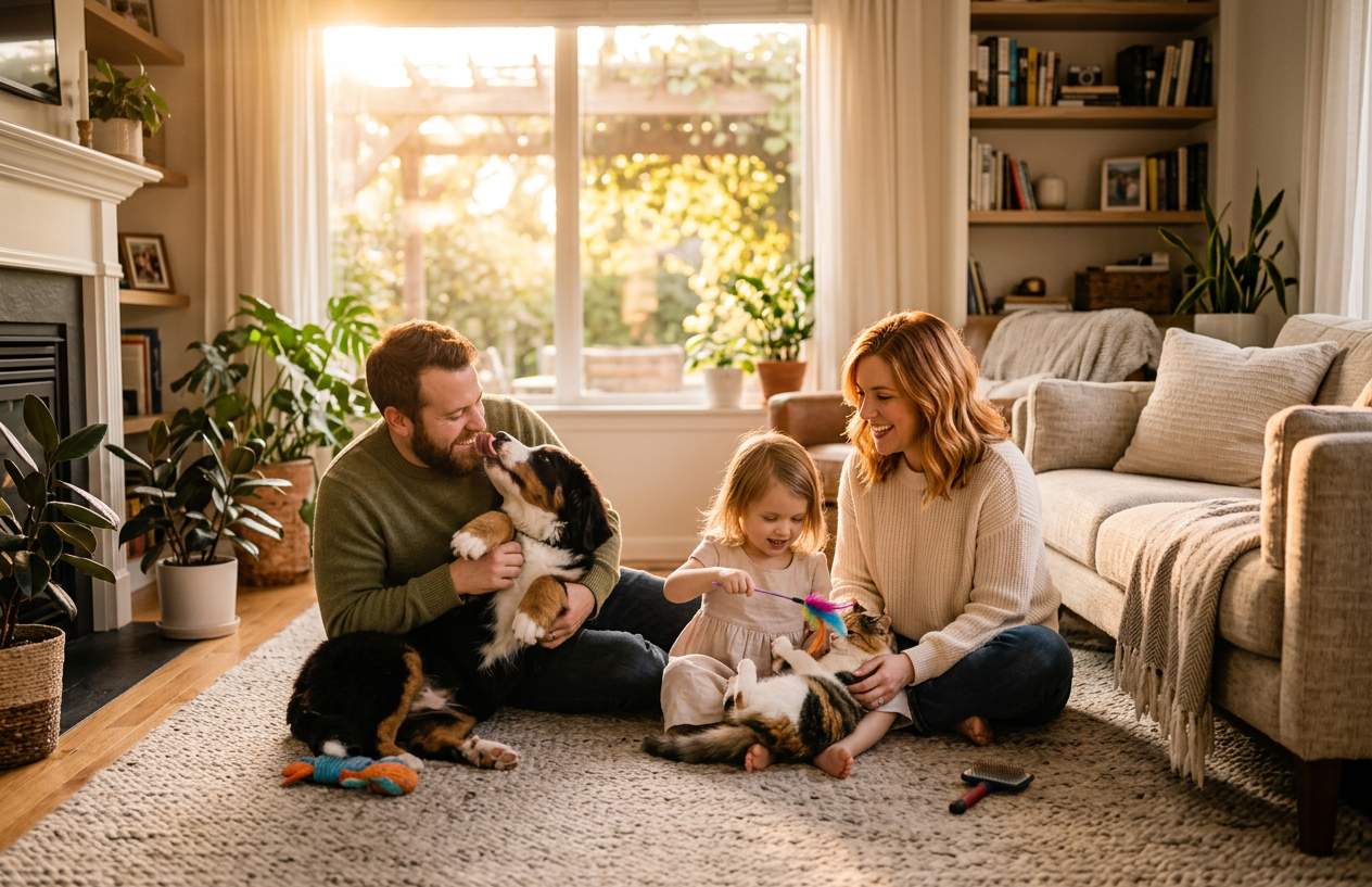 Family playing with their dogs in a bright living room