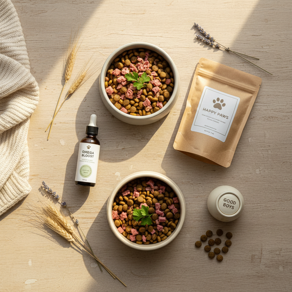 Pet care bowls, treats, and supplements arranged on a wooden surface