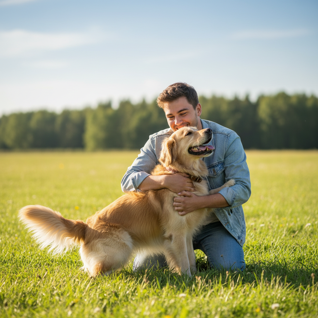 Person hugging a happy golden retriever outdoors