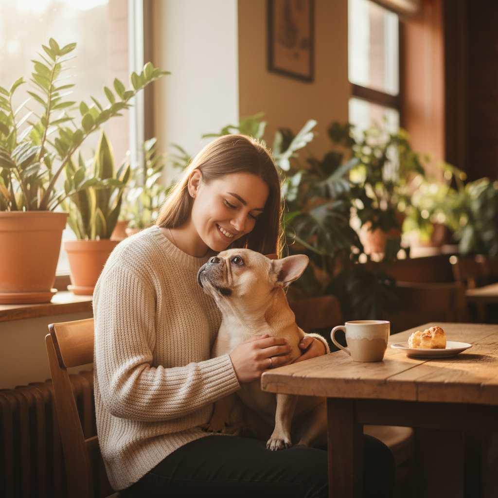 Pet parent chatting with AI assistant while with their dog