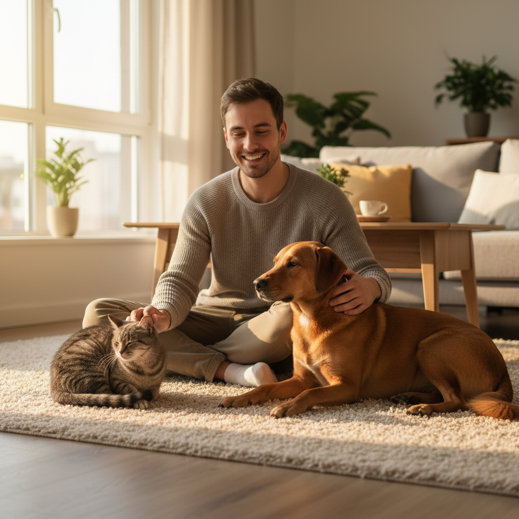 Family with multiple pets in living room