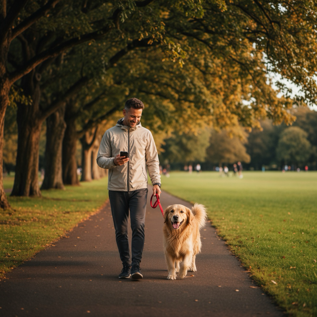 Trainer walking dog in park reviewing pet data