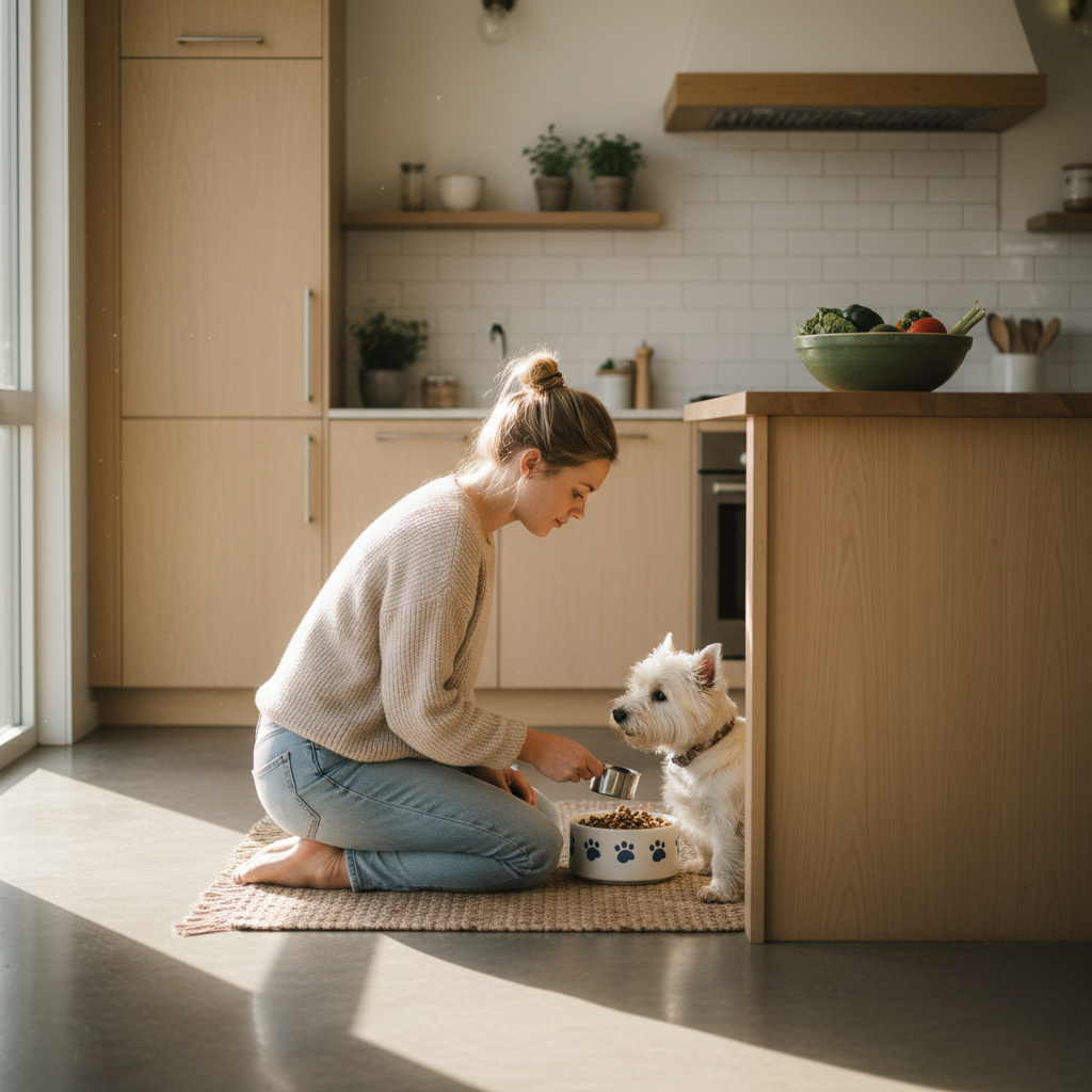 Pet parent feeding dog in kitchen with reminder notifications