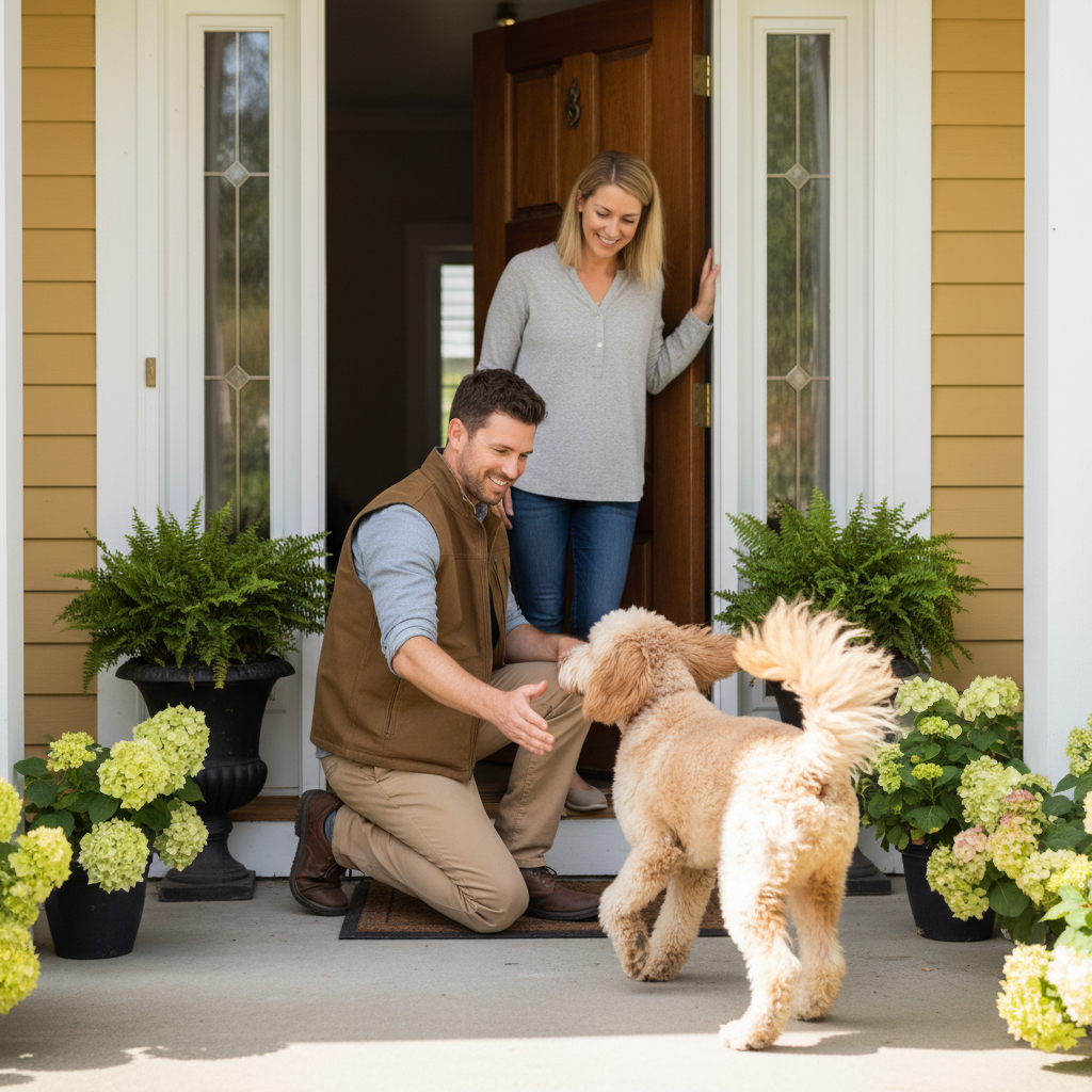 Trainer greeting pet owner and dog at home visit