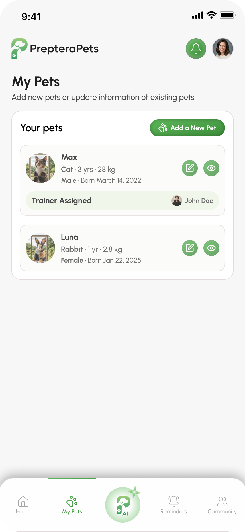 Multi-Pet Management mobile screen