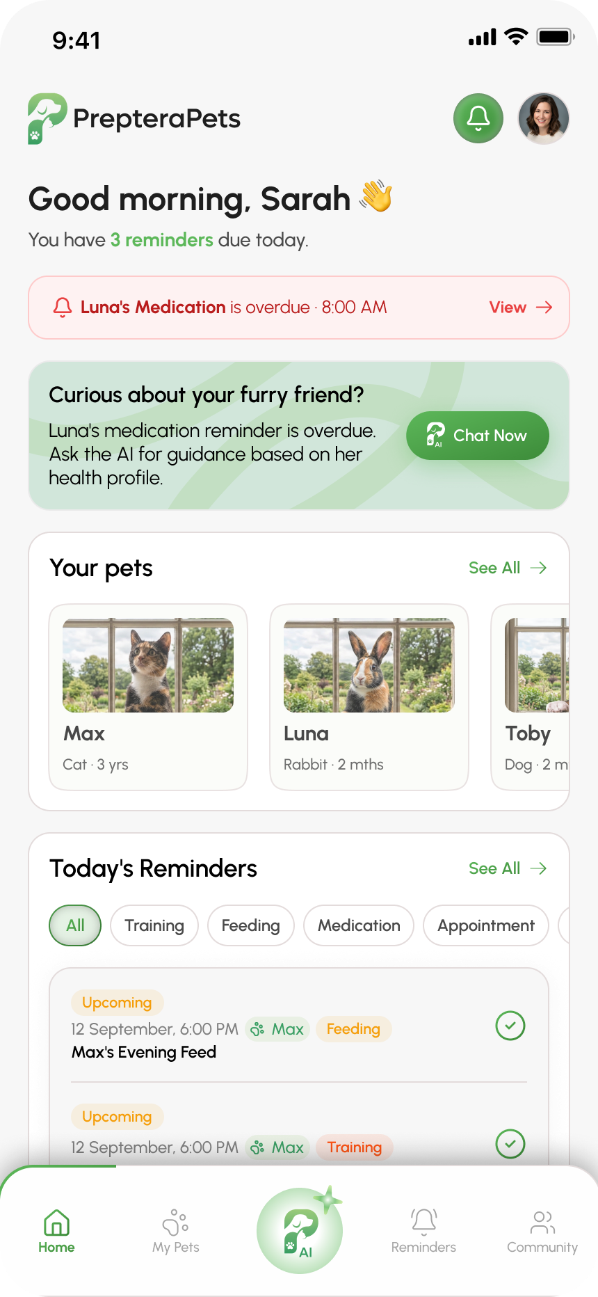 Pet Care App app screen