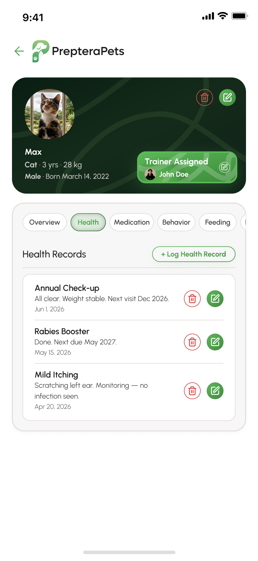 Pet Health Tracker mobile screen