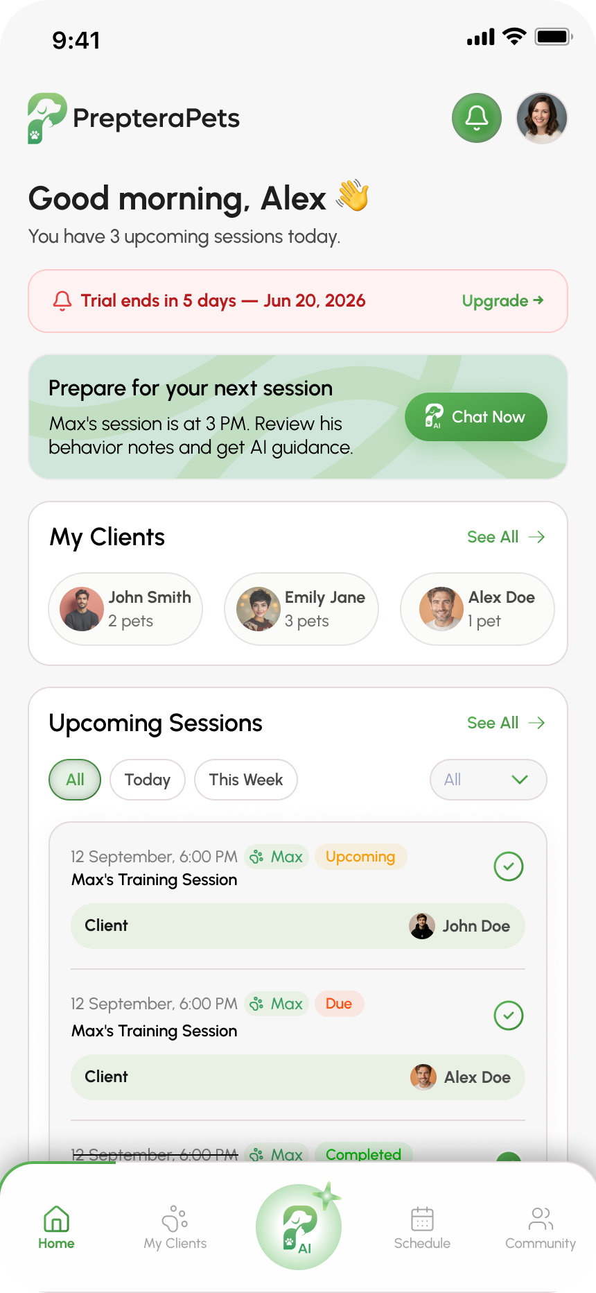 Trainer App mobile screen